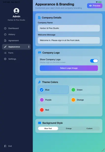 Appearance and branding settings with company name, logo and theme colors