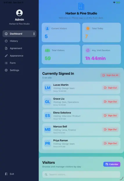 Admin dashboard showing visitors currently signed in