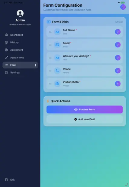 Form configuration screen listing Full Name, Email, Who are you visiting, Phone and Visitor photo fields